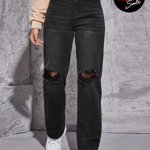 High waist straight leg ripped jeans